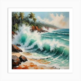 Waves Crashing Into Rocks On Tropical Beach Lots Of White Water Spray In The Air Art Print