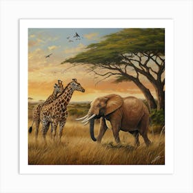 Giraffes And Elephants Art Print