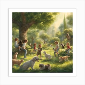 Children In The Park With Dogs Art Print