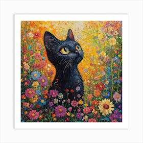 Black Cat In A Flower Field Art Print