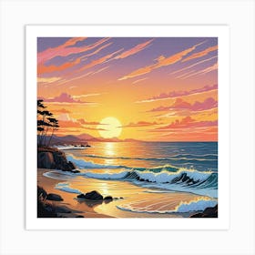 A Painting Of A Sunset With Seagulls Flying Above The Ocean (1) Art Print