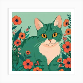 Green Cat In Flowers 1 Art Print