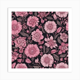 Pink Flowers On Black Background Art Print