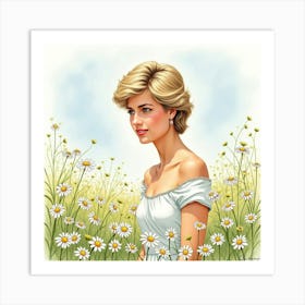 Beautiful Watercolor Scene Of Princess Diana Amidst A Field Of Daisies 1 Art Print