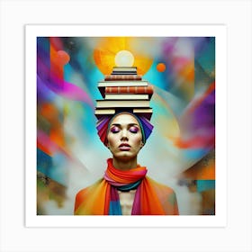 Surreal Balance of Books and Vibrant Art Art Print