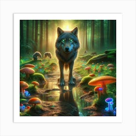 Wolfy looking for bioluminescent mushrooms Art Print