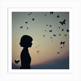 Silhouette Of A Girl With Butterflies 3 Art Print