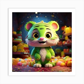 Firefly 3d, Animated, Cute, Little, Happy, Green, Tiger, Yellow Eyes, Candy, Store, Whimsical, Playf (3) Art Print