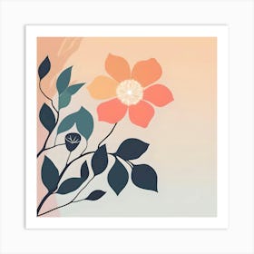 Unique Flower On Branch With Leaves, Warm Pastel Colors Art Print