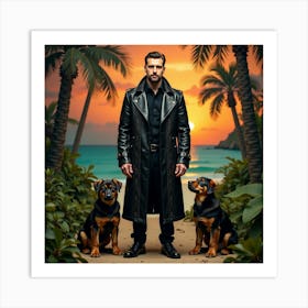 Man And His Dogs On The Beach Art Print