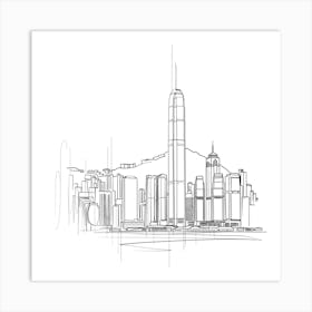 Hong Kong Skyline, minimalist, line art, black and white. Art Print