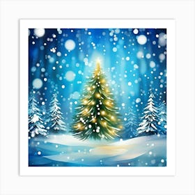 Abstract Digital Painting Of A Christmas Tree Branch Framed With Gently Falling Snowflakes Fir Tre (1) Art Print