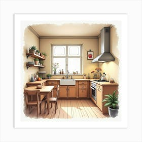 Elegant Kitchen Scene, Watercolor With Warm, Inviting Hues 1 Art Print