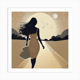 Woman Walking Down The Road, moon, birds, flowing hair  Art Print