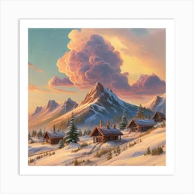 Mountain village snow wooden huts 8 Art Print