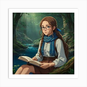 Studio Ghibli ~ Hayao Miyazaki ~ Beautiful elf woman with braided long brown hair, brown eyes, and freckles. wearing a blue scarf, glasses, comfy looking outfit, skirt and thigh highs. sitting and reading a book in a whimsical magical forest with water nearby. whimsical, tetradic colors, The style is highly detailed and vivid, with a blend of realism and fantasy art elements, emphasizing a moody and ethereal ambiance. epic masterpiece, cinematic experience, 8k, fantasy digital art, HDR, UHD. This contrast between the fantastical character and the more traditional fantasy color scheme and elements gives the piece an intriguing narrative quality. 2 Art Print