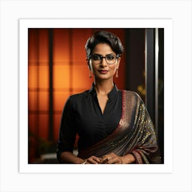 Confident Indian Businesswoman In Her 30s Sporting Styled Short Hair Glasses Poised In A Modern Art Print