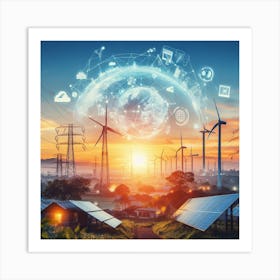Sunset With Wind Turbines And Solar Panels Art Print
