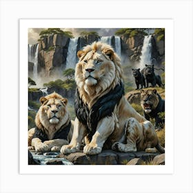 Lions At The Waterfall Art Print