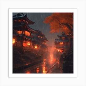 Asian Village In The Rain Art Print