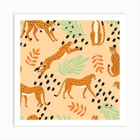 Tropical Cheetah Pattern On Beige With Florals And Decoration Square Art Print