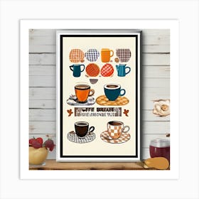 Coffee Breakfast Illustration, Colorful Wall Art, Checkerboard Illustration, Printable Art, Kitchen Art Print, Breakfast at Cafe Poster Art Print