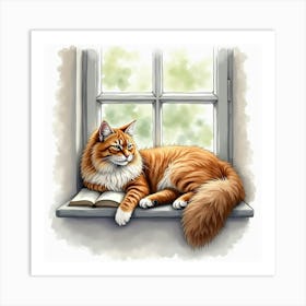 A Fluffy Norwegian Forest Cat Lounging On A Windowsill With A Book, Watercolor Art Print