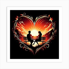 Couple Sitting on a Bench in a Heart - Romantic Wall Art for Home Decor Art Print