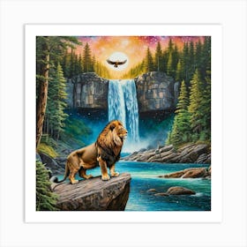 Lion At The Waterfall Art Print