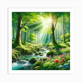 Forest lake with flowers Art Print