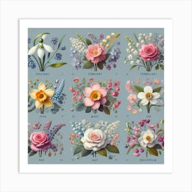 Birth flowers family bouquet 7 Art Print