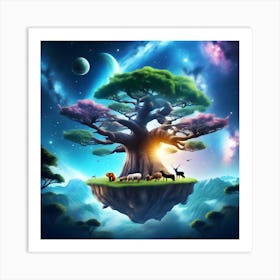 Galaxy Sky Big Tree Realistic Atmosphere Flying Island Many Animals Gathered Around The Big Tree 723378696 (1) Art Print