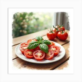 Watercolor Depiction Of A Fresh And Tangy Tomato And Basil Salad On A Cozy Dining Table Art Print