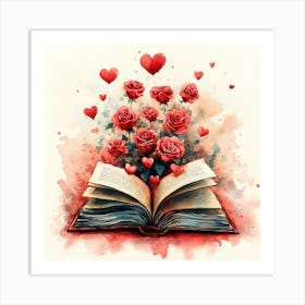 Watercolor Romantic Book Roses Hearts 6 Art Print