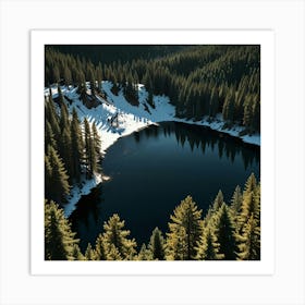 A Calm Lake Surrounded By Dense Pine Forests And Towering Snow-Capped Mountains 3 Art Print