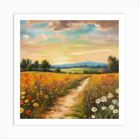 Field Of Daisies.An elaborate work of art about nature in the countryside of old England, antique oil colours, the touch of a creative artist. Art Print