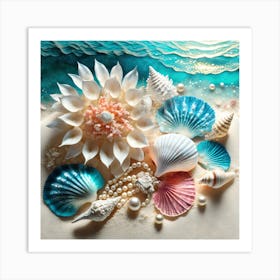 Firefly A Beautiful Feminine Flatlay Of Exotic Seashells, Corals, And Pearls On White Sands And Ocea (2) Art Print