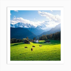 Alpine Pastoral Landscape Cows Grazing On Lush Green Slopes Snow Capped Mountains In The Distance (3) Art Print