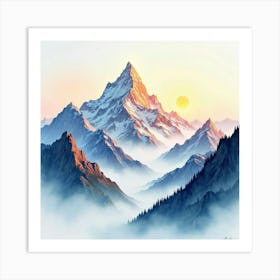 Watercolor Painting Of Towering, Snow Capped Mountains At Dawn S Light 1 Art Print