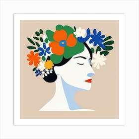 woman portrait with flowers  head crown Art Print