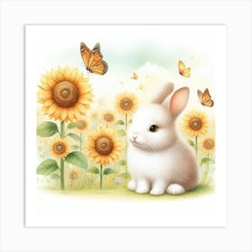 Bunny In Sunflowers And Butterflies Art Print