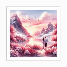 Couple Walking By The Lake Art Print