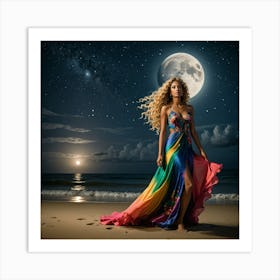 Beautiful Woman On The Beach At Night Art Print