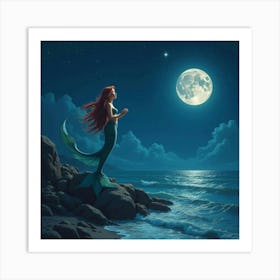 A Beautiful Mermaid Singing On A Rocky Shore Under A Starlit Sky 1 Art Print