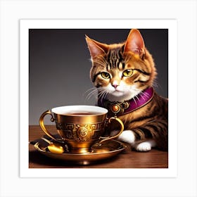 Cat With Cup Of Tea Art Print