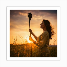 Woman Holding A Stick At Sunset Art Print