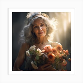 Portrait Of A Woman Holding Flowers Art Print