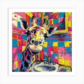 Giraffe In The Bathroom Art Print