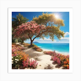 Beach Scene With Flowers Art Print