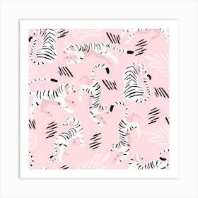 White Tiger Pattern On Pastel Pink Square Art Print